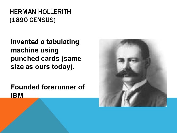 HERMAN HOLLERITH (1890 CENSUS) Invented a tabulating machine using punched cards (same size as