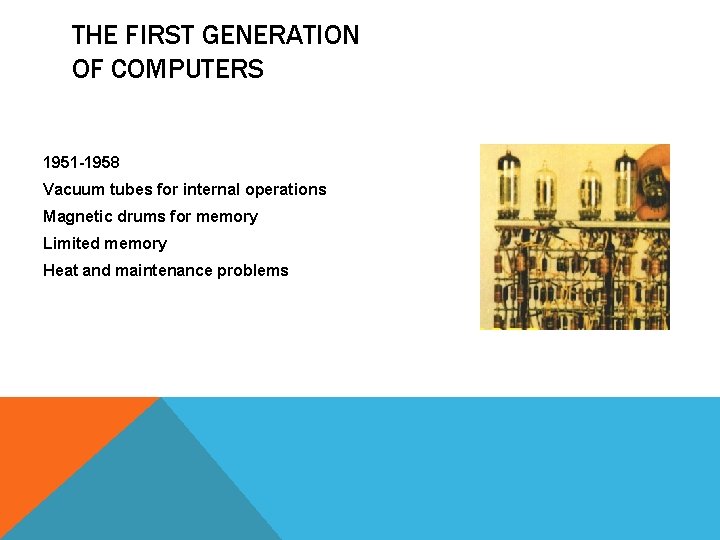 THE FIRST GENERATION OF COMPUTERS 1951 -1958 Vacuum tubes for internal operations Magnetic drums