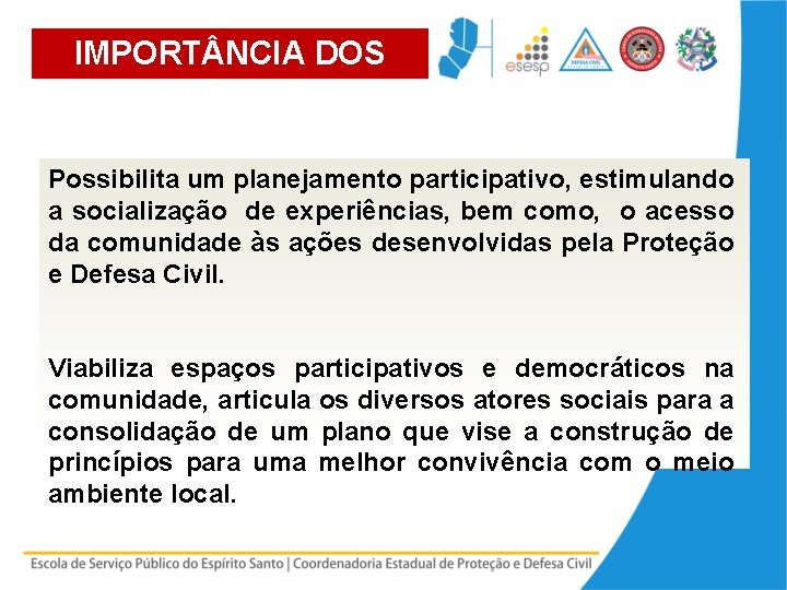 IMPORT NCIA DOS NUPDEC Possibilita um planejamento participativo, estimulando a socialização de experiências, bem