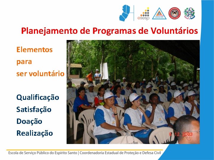 Planejamento de Programas de Voluntários Elementos para ser voluntário Qualificação Satisfação Doação Realização 