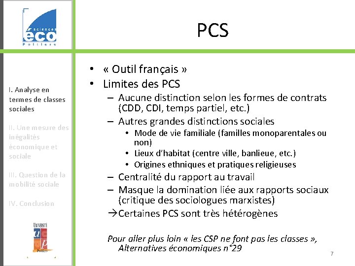 PCS I. Analyse en termes de classes sociales II. Une mesure des inégalités économique