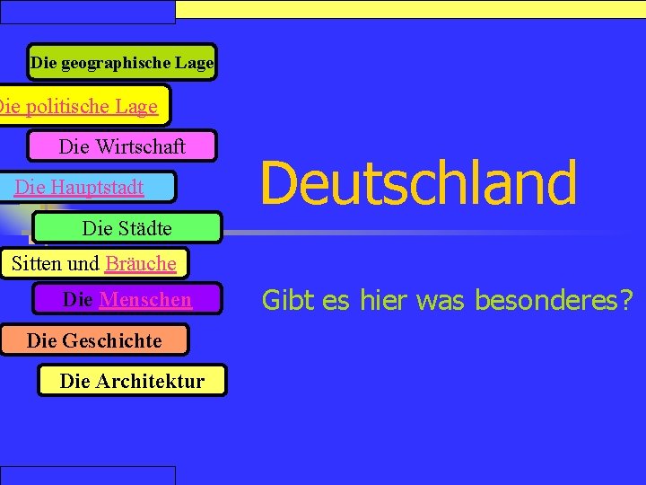 Die geographische Lage Die politische Lage Die Wirtschaft Die Hauptstadt Deutschland Die Städte Sitten