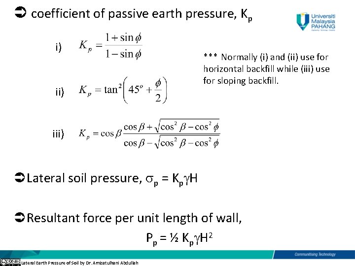  coefficient of passive earth pressure, Kp i) ii) *** Normally (i) and (ii)