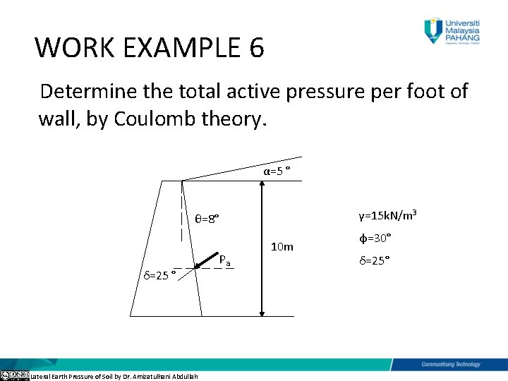 WORK EXAMPLE 6 Determine the total active pressure per foot of wall, by Coulomb