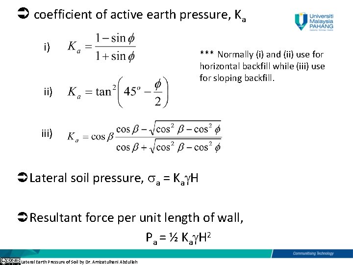  coefficient of active earth pressure, Ka i) *** Normally (i) and (ii) use