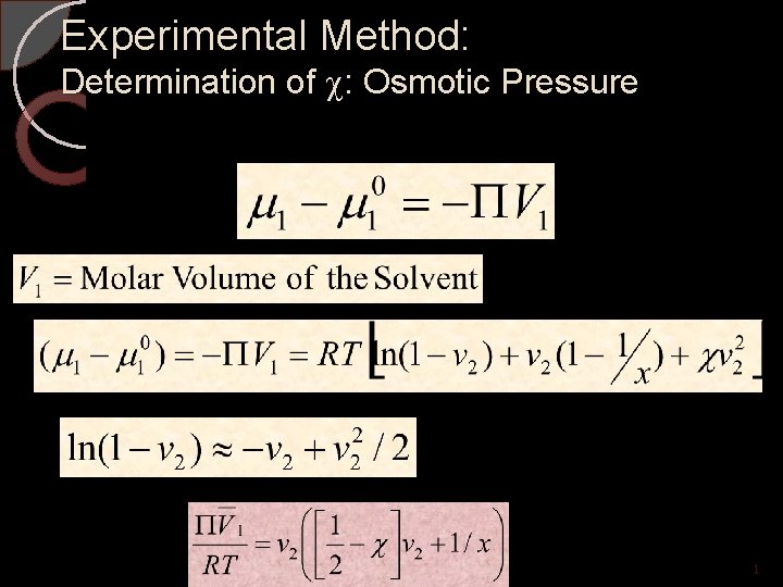 Experimental Method: Determination of : Osmotic Pressure Polymer Solubility 1 
