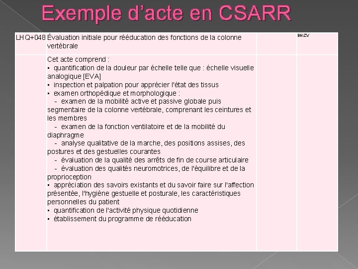 Exemple d’acte en CSARR LHQ+048 Évaluation initiale pour rééducation des fonctions de la colonne