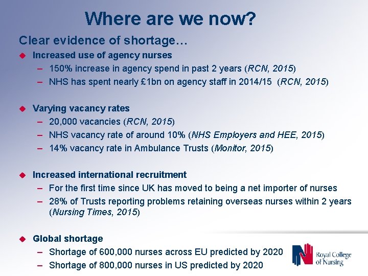 Where are we now? Clear evidence of shortage… u Increased use of agency nurses