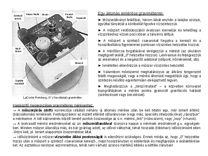 Hossz-libella Szintező csavar Okulár Keresztlibella Egy állomás lemérése graviméterrel: Kapcsoló ► Műszerállványt felállítjuk, három