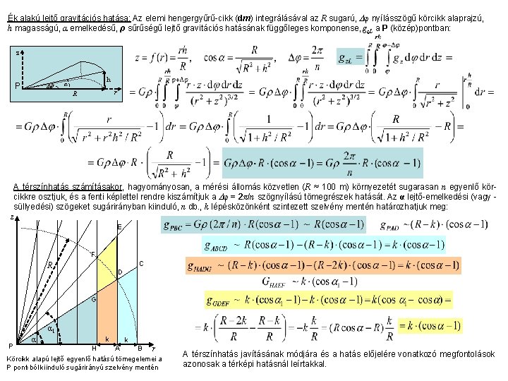 Ék alakú lejtő gravitációs hatása: Az elemi hengergyűrű-cikk (dm) integrálásával az R sugarú, Δφ