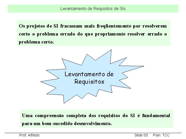 Levantamento de Requisitos de SIs Os projetos de SI fracassam mais freqüentemente por resolverem