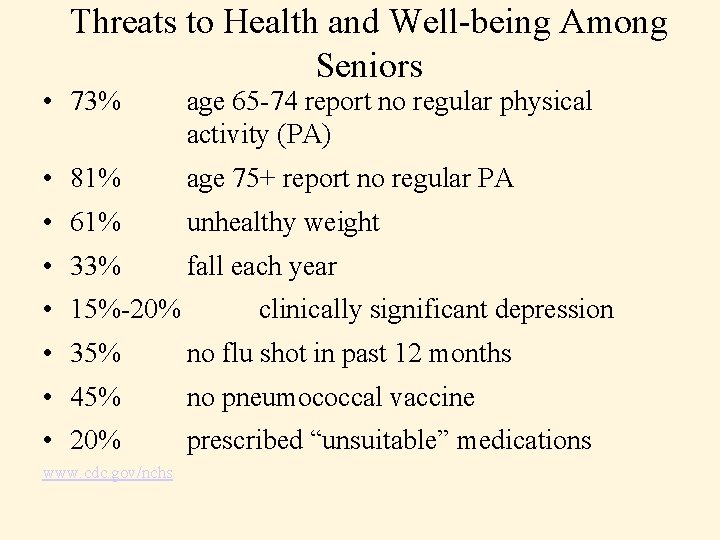 Threats to Health and Well-being Among Seniors • 73% age 65 -74 report no