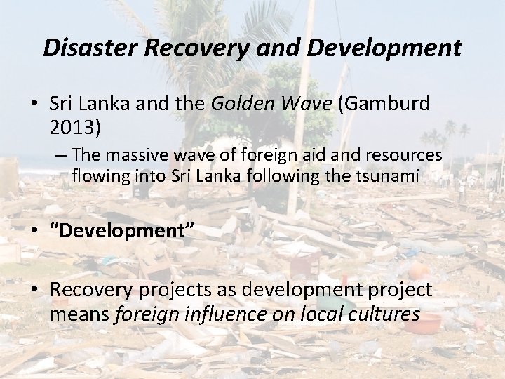 Disaster Recovery and Development • Sri Lanka and the Golden Wave (Gamburd 2013) –