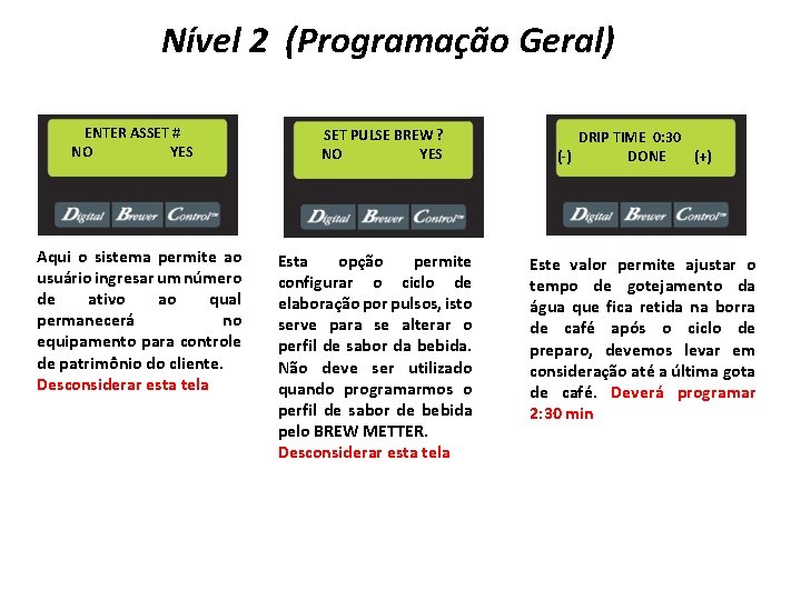 Nível 2 (Programação Geral) ENTER ASSET # NO YES Aqui o sistema permite ao