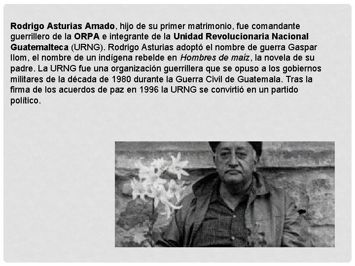 Rodrigo Asturias Amado, hijo de su primer matrimonio, fue comandante guerrillero de la ORPA