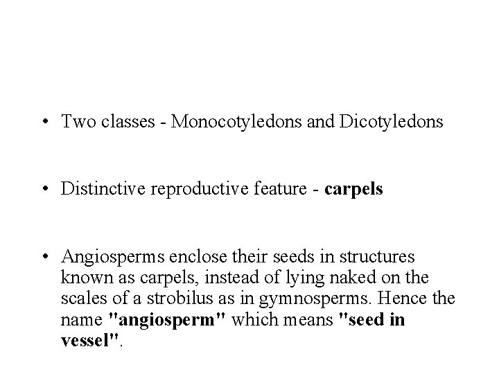  • Two classes - Monocotyledons and Dicotyledons • Distinctive reproductive feature - carpels