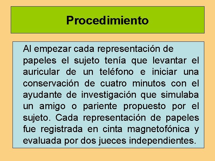 Procedimiento Al empezar cada representación de papeles el sujeto tenía que levantar el auricular