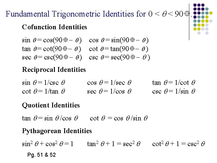 Fundamental Trigonometric Identities for 0 < < 90. Cofunction Identities sin = cos(90 )