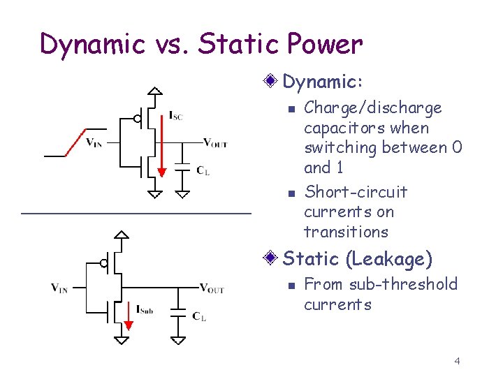 Dynamic vs. Static Power Dynamic: n n Charge/discharge capacitors when switching between 0 and