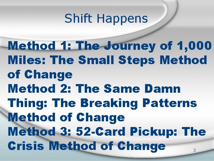 Shift Happens Method 1: The Journey of 1, 000 Miles: The Small Steps Method