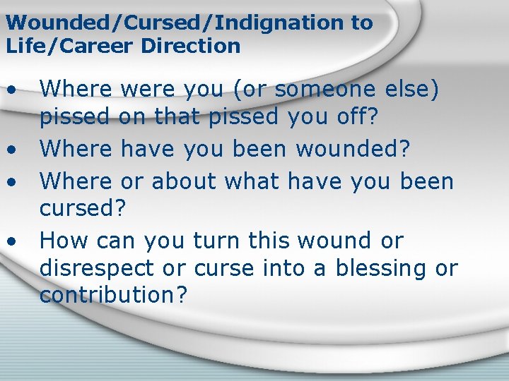 Wounded/Cursed/Indignation to Life/Career Direction • Where were you (or someone else) pissed on that