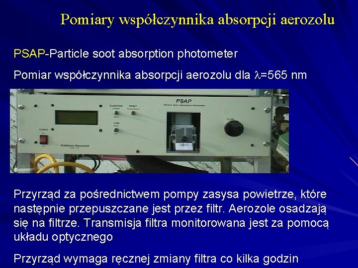 Pomiary współczynnika absorpcji aerozolu PSAP-Particle soot absorption photometer Pomiar współczynnika absorpcji aerozolu dla =565