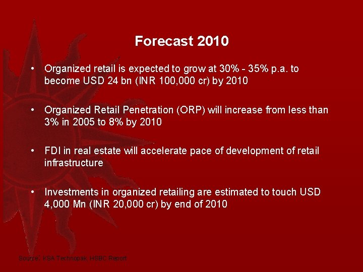 Forecast 2010 • Organized retail is expected to grow at 30% - 35% p.