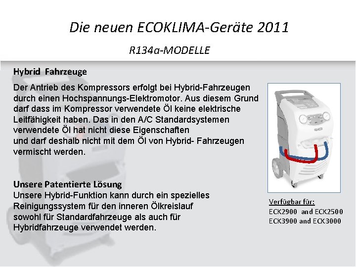 Die neuen ECOKLIMA-Geräte 2011 R 134 a-MODELLE Hybrid Fahrzeuge Der Antrieb des Kompressors erfolgt