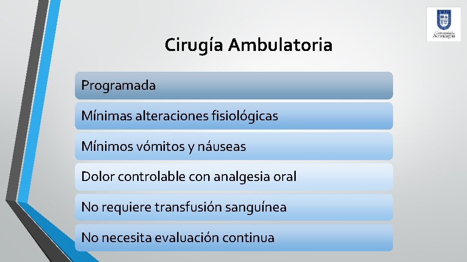Cirugía Ambulatoria Programada Mínimas alteraciones fisiológicas Mínimos vómitos y náuseas Dolor controlable con analgesia