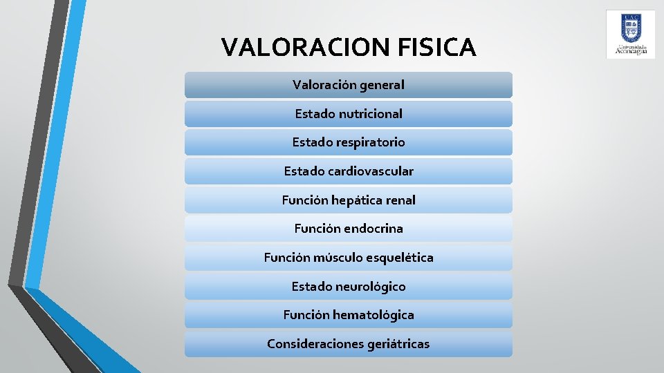 VALORACION FISICA Valoración general Estado nutricional Estado respiratorio Estado cardiovascular Función hepática renal Función