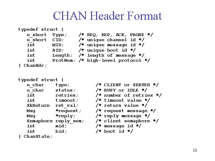 CHAN Header Format typedef struct { u_short Type; u_short CID; int MID; int BID;