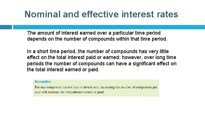 Nominal and effective interest rates The amount of interest earned over a particular time