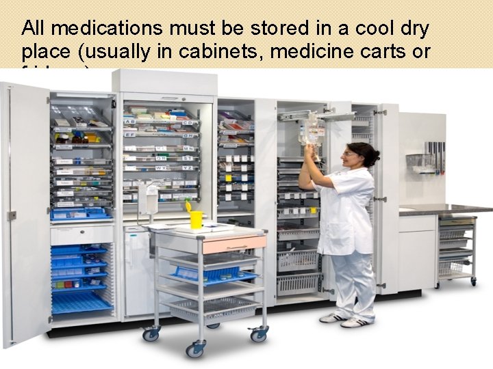 All medications must be stored in a cool dry place (usually in cabinets, medicine