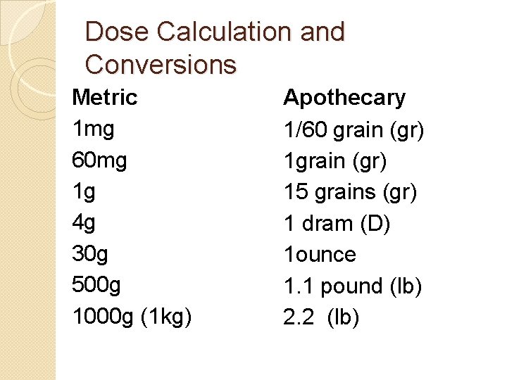 Dose Calculation and Conversions Metric 1 mg 60 mg 1 g 4 g 30