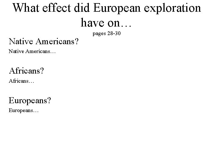 What effect did European exploration have on… Native Americans? Native Americans… Africans? Africans… Europeans?