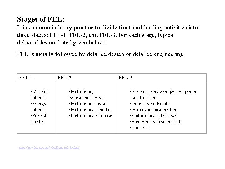 Stages of FEL: It is common industry practice to divide front-end-loading activities into three