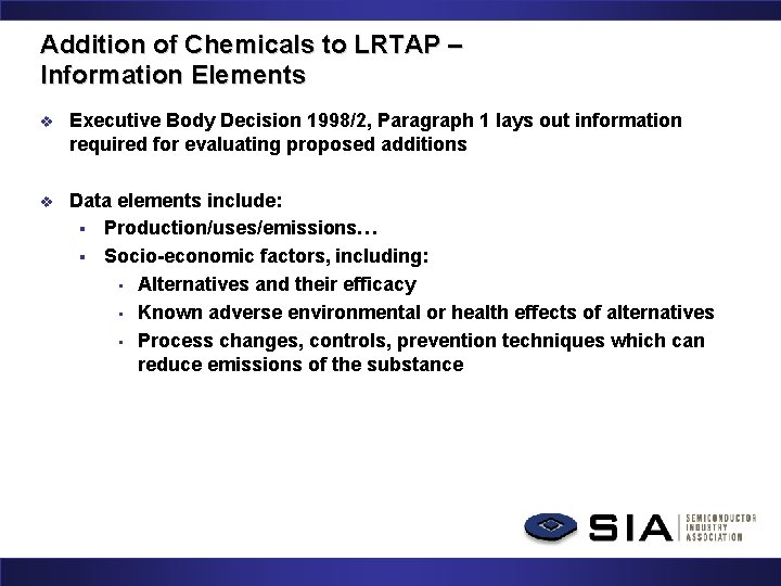 Addition of Chemicals to LRTAP – Information Elements v Executive Body Decision 1998/2, Paragraph