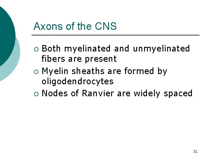 Axons of the CNS Both myelinated and unmyelinated fibers are present ¡ Myelin sheaths