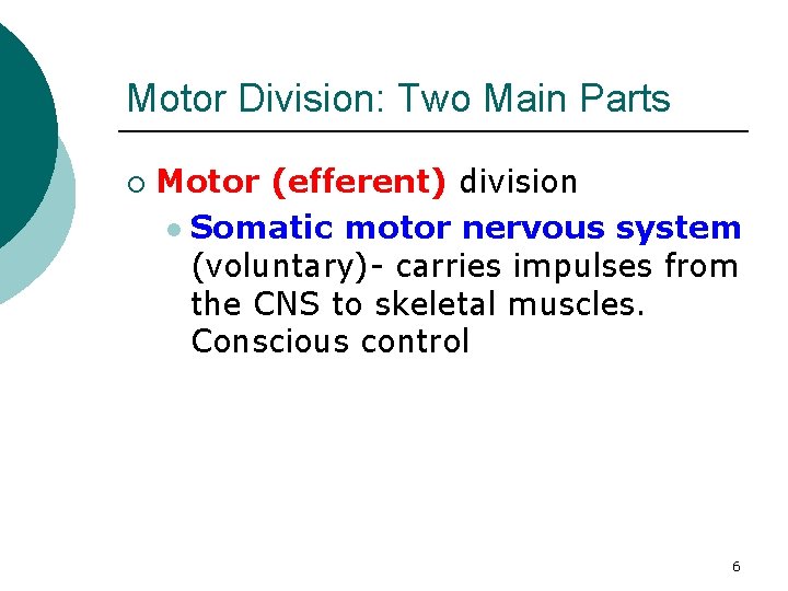 Motor Division: Two Main Parts ¡ Motor (efferent) division l Somatic motor nervous system