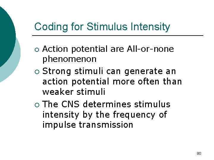 Coding for Stimulus Intensity ¡ ¡ ¡ Action potential are All-or-none phenomenon Strong stimuli