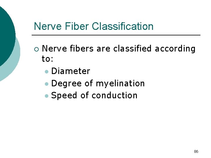 Nerve Fiber Classification ¡ Nerve fibers are classified according to: l Diameter l Degree