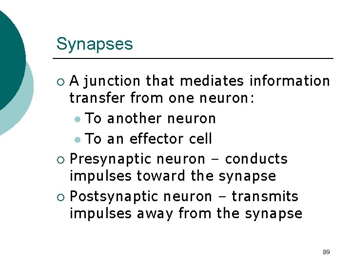 Synapses A junction that mediates information transfer from one neuron: l To another neuron