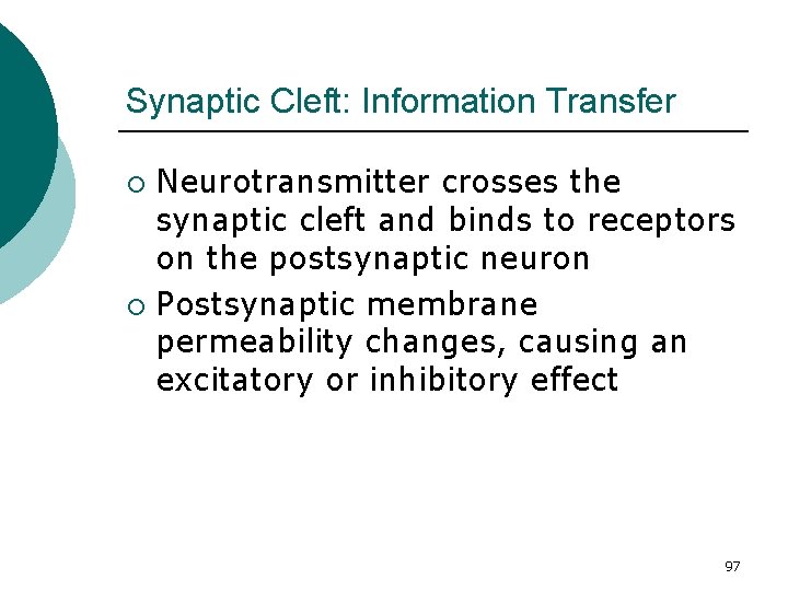 Synaptic Cleft: Information Transfer Neurotransmitter crosses the synaptic cleft and binds to receptors on