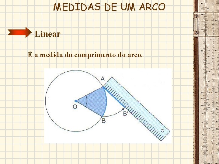 MEDIDAS DE UM ARCO Linear É a medida do comprimento do arco. 