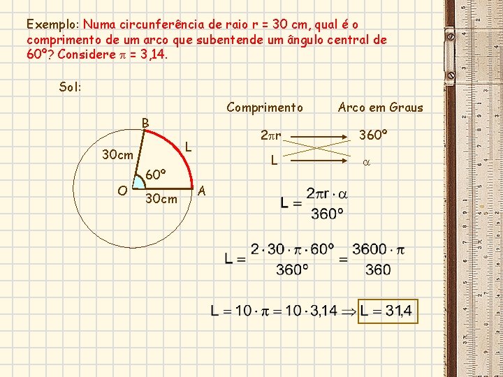 Exemplo: Numa circunferência de raio r = 30 cm, qual é o comprimento de