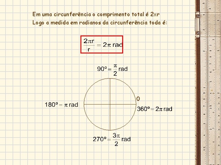 Em uma circunferência o comprimento total é 2 r Logo a medida em radianos