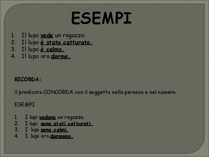 ESEMPI 1. 2. 3. 4. Il lupo vede un ragazzo. Il lupo è stato