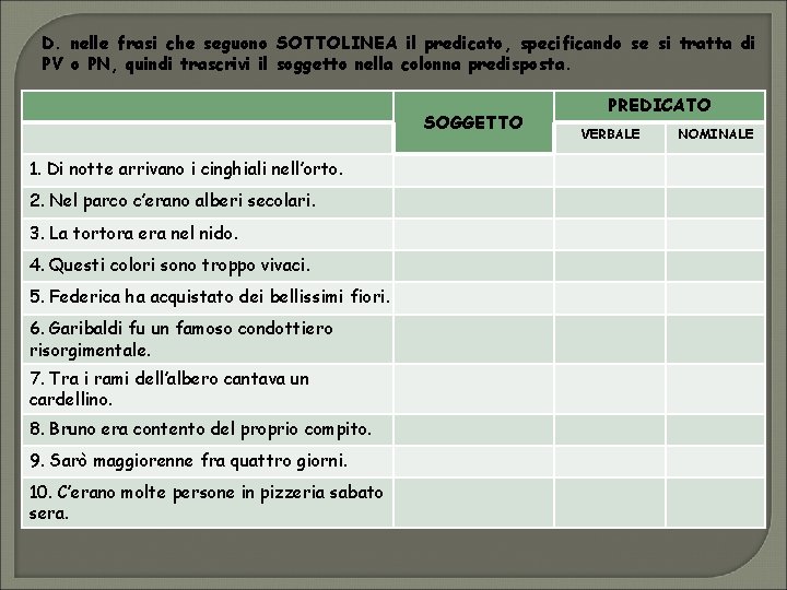 D. nelle frasi che seguono SOTTOLINEA il predicato, specificando se si tratta di PV