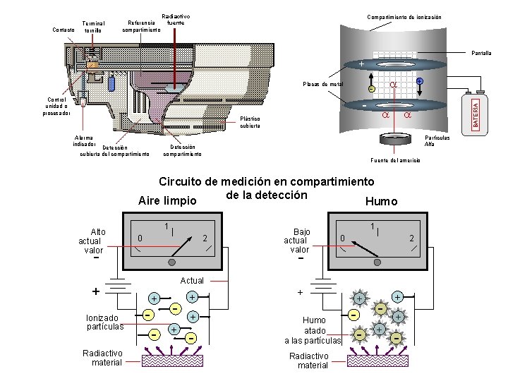 Contacto Terminal tornillo Referencia compartimiento Radiactivo fuente Compartimiento de ionización Pantalla + Control unidad Contacto Terminal tornillo Referencia compartimiento Radiactivo fuente Compartimiento de ionización Pantalla + Control unidad