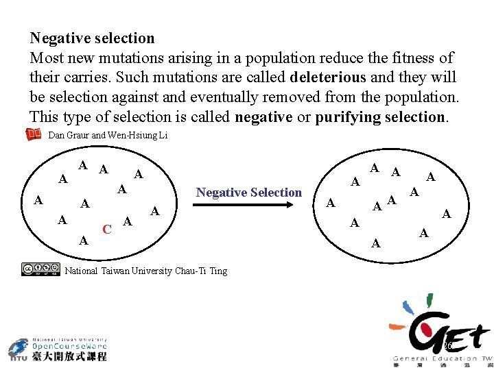 Negative selection Most new mutations arising in a population reduce the fitness of their